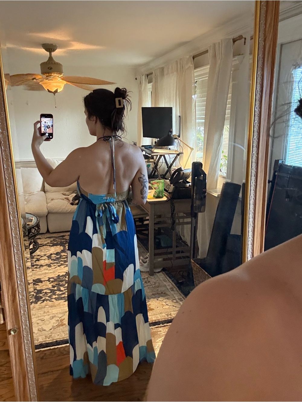 Back-Tie Halter Maxi Dress in Blue Multi Print